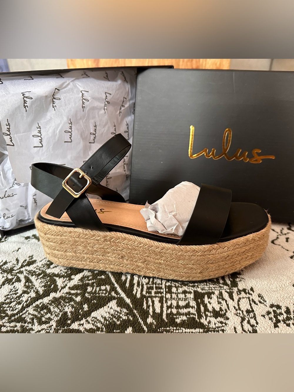 Lulu's Black Platform Espadrille Sandals with Gold Buckle